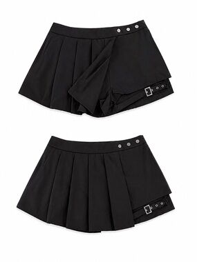 Source Unknown Black Pleated Mini Skirt with Snap and Buckle